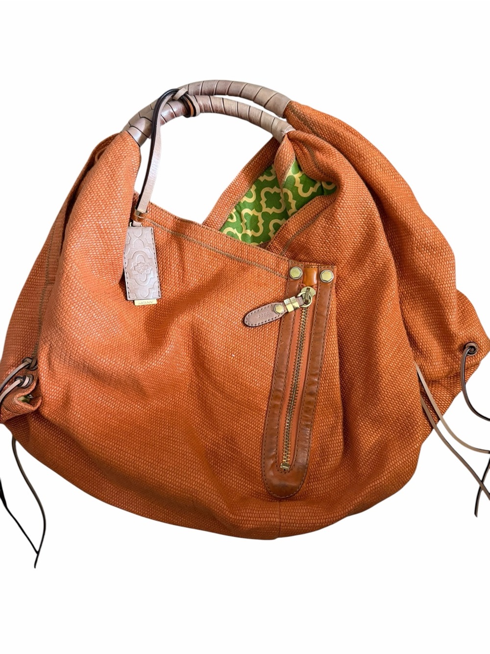 Yany Orange Leather & Textured Hobo Bag with Wrapped Handle